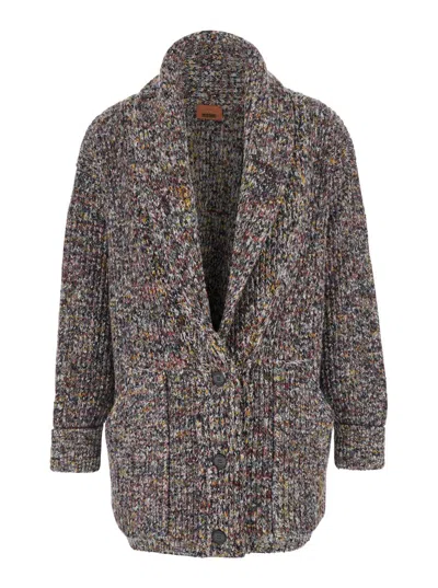 Missoni Multicolor Cardigan With Deep-neck And Flame Rib Stitch In Wool And Cotton Blend Woman In Brown