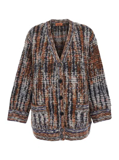 MISSONI MULTICOLOR CARDIGAN WITH V-NECK FRONT AND ALL-OVER CHECK MOTIF IN WOOL AND MOHAIR BLEND WOMAN