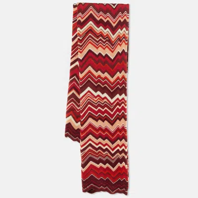 Missoni Multicolor Chevron Patterned Cotton Knit Scarf In Red