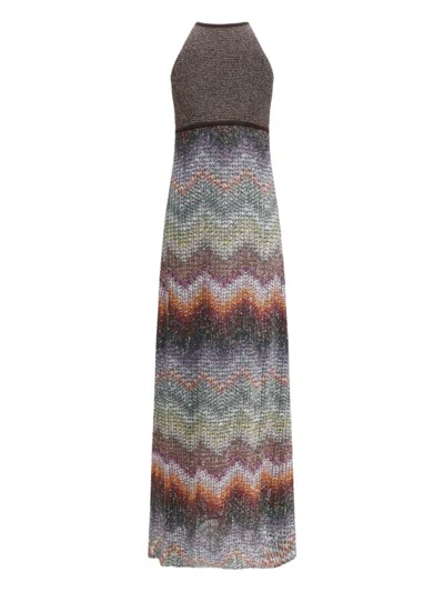 Missoni Long Halter-neck Dress In A Greek-style Zigzag Knit With Sequins Clothing In Multi