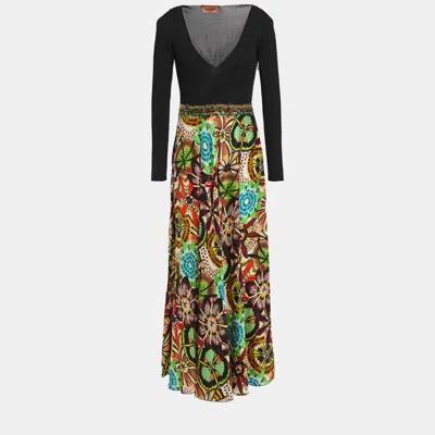 Pre-owned Missoni Multicolor Knit & Printed Satin Long Dress M (it 42)