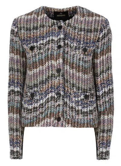 Missoni Multicolor Knitted Cardigan With Buttoned Pockets And Lurex Accents In Grey