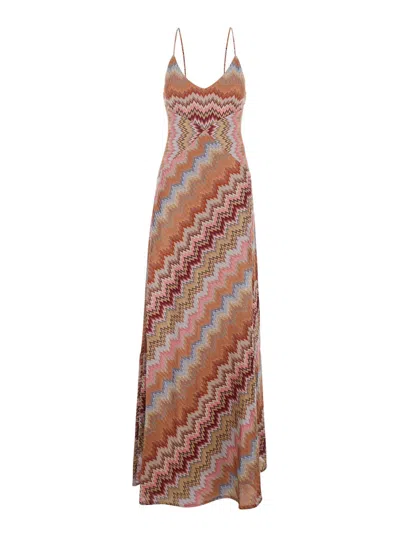 Missoni Multicolor Long Dress With Crossed Shoulder Straps And All-over Zigzag Motif In Viscose Woman In Brown