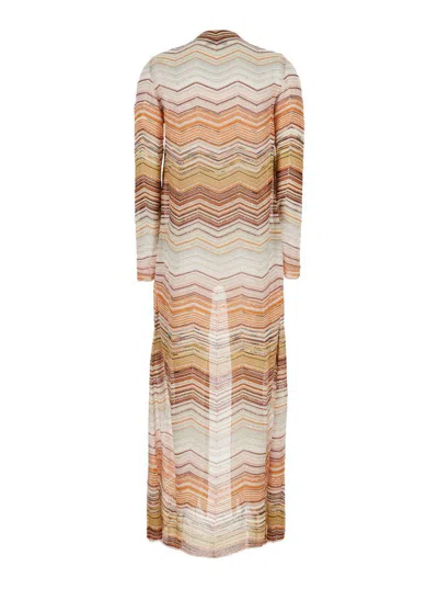 Missoni Multicolor Long Dress With Decorative Sequins And Zig Zag Motif In Viscose Blend Woman In Beige