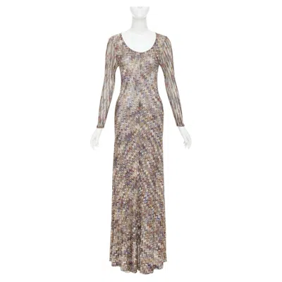 Pre-owned Missoni Multicolor Lurex Metallic Chevron Zigzag Knit Scoop Neck Maxi Dress It42 In Brown
