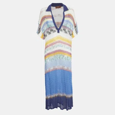Pre-owned Missoni Multicolor Patterned Knit Sheer Slit Detail Long Dress S