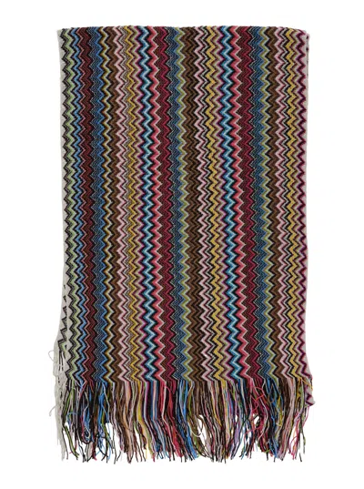 Missoni Multicolor Scarf With Fringed Hem And Zigzag Motif In Viscose Blend Woman In Blue
