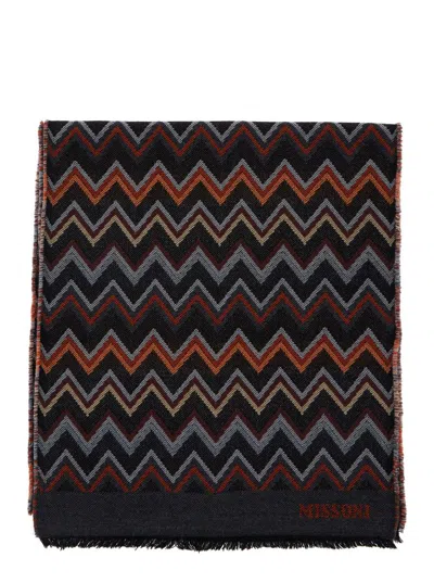 Missoni Multicolor Scarf With Zigzag Motif And Fringed Hem In Wool Man In Black