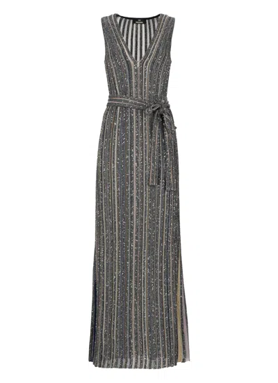 Missoni Multicolor Sequined Lurex Striped Viscose Maxi Dress In Gray
