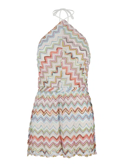 Missoni Multicolor Short Jumpsuit With Halterneck With Tie And All-over Zig-zag Motif In Viscose Blend Woman In White