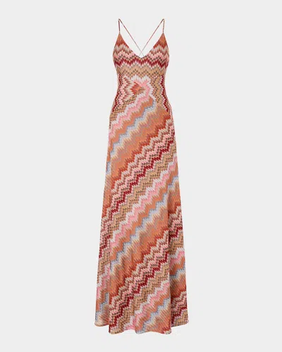 Missoni Multicolor Long Dress With Crossed Shoulder Straps And All-over Zigzag Motif In Viscose Woman In Brown
