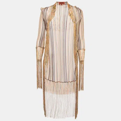 Pre-owned Missoni Multicolor Striped Knit Fringed Open-front Long Cardigan M