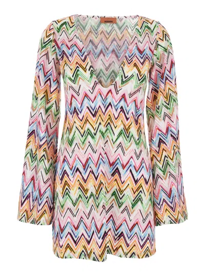 Missoni Multicolor V-neck Dress With All-over Zigzag Motif In Viscose Blend Woman
