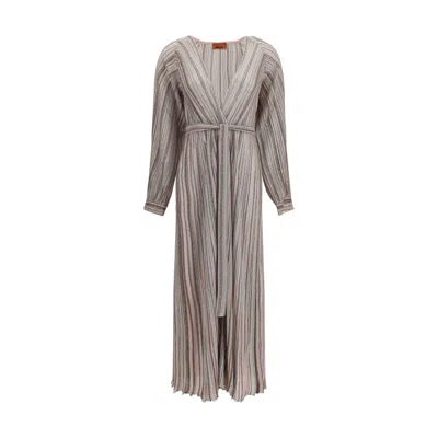 Missoni Long Ribbed Cardigan With Belt And Sequins In Silver
