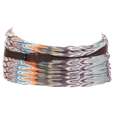 Pre-owned Missoni Multicolor Wavey Pattern Fabric Knitted Brown Leather Wrap Belt It40 S