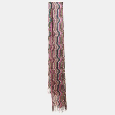 Missoni Multicolor Wavy Pattern Knit Fringed Stole In Brown