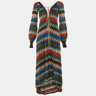 Pre-owned Missoni Multicolor Zig Zag Knit Sequin Embellished High Low Maxi Dress M