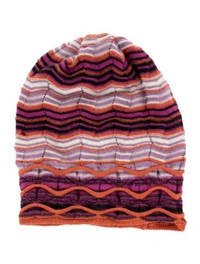 Pre-owned Missoni Multicolor Zig Zag Knit Wool Beanie In Purple