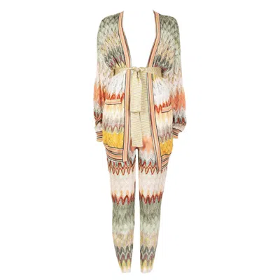 Pre-owned Missoni Multicolor Zigzag Belted Knit Wrap Cardigan Sweater 42 M In Sand