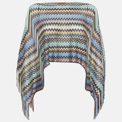 Pre-owned Missoni Multicolor Zigzag Knit Fringed Poncho One Size
