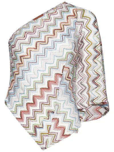 Missoni Multicolor Zigzag One-shoulder Top With Wide Sleeves In Neutral