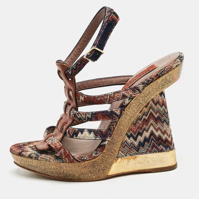 Missoni Multicolor Zigzag Print Fabric And Leather Wedge Ankle Strap Sandals