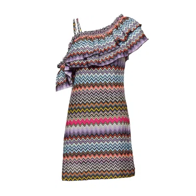 Missoni Multicolored Chevron Viscose One-shoulder Short Dress With Lurex