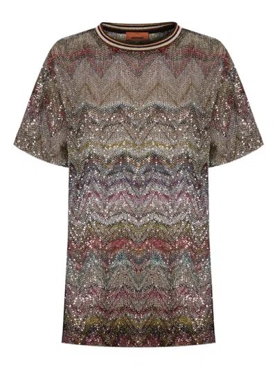 Missoni Short Sleeve T-shirt With Zigzag And Sequins In Multi