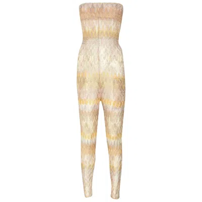 Pre-owned Missoni New  Chevron Crochet Knit Bandeau Jumpsuit Overall Playsuit Belt 42 In Sand
