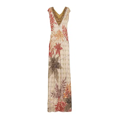 Pre-owned Missoni New  Crochet Knit Botanical Print Maxi Dress Gown With Beaded Details 40 In Sand