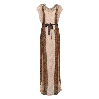 Pre-owned Missoni New  Crystal Gold Metallic Lurex Crochet Knit Evening Gown Maxi Dress 42 In Brown