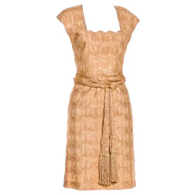 Pre-owned Missoni New  Gold Metallic Crochet Knit & Fringe Belt/scarf Cocktail Dress 40