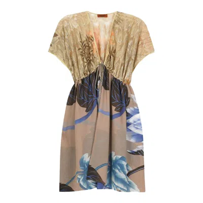 Pre-owned Missoni New  Gold Metallic Crochet Knit Floral Kaftan Tunic Dress Cover Up 40 In Brown