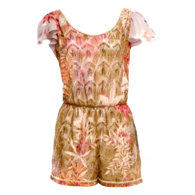 Pre-owned Missoni New  Gold Metallic Crochet Knit Floral Print Jumpsuit Romper Playsuit 42 In Brown
