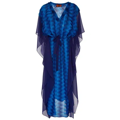 Pre-owned Missoni New  Metallic Blue Siganature Chevron Crochet Knit Kaftan Maxi Dress 44