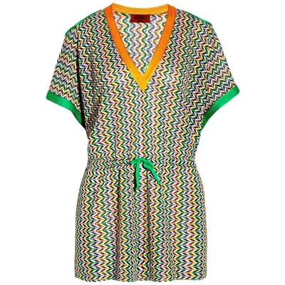Pre-owned Missoni New  Multicolor Chevron Zigzag Crochet Knit Kaftan Tunic Coverup Dress 40 In Sand