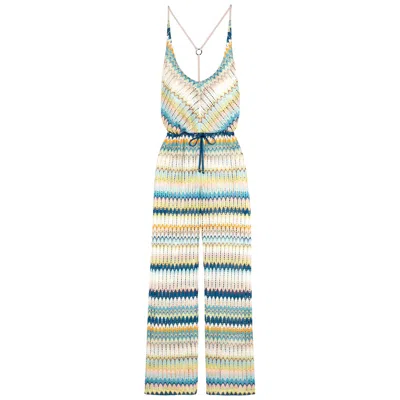 Pre-owned Missoni New  Multicolor Crochet Knit Wide Leg Jumpsuit Overall Playsuit 38 In Sand