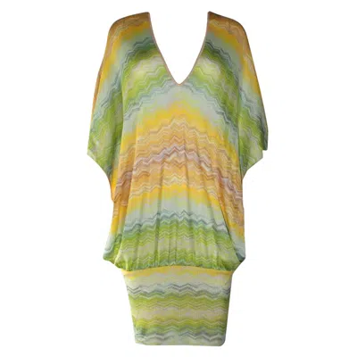 Pre-owned Missoni New  Multicolor Rainbow Signature Chevron Kaftan Tunic Cover Up Dress 38 In Brown
