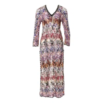 Pre-owned Missoni New  Multicolor Signature Crochet Knit Kaftan Style Maxi Dress Gown 38 In Sand