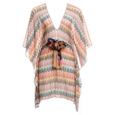 Pre-owned Missoni New  Multicolor Silver Metallic Lurex Crochet Knit Kaftan Tunic Dress S In Sand