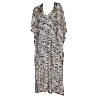 Pre-owned Missoni New  Signature Chevron Zigzag Crochet Knit Maxi Kaftan Dress M In Gray