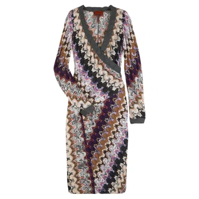 Pre-owned Missoni New  Signature Chevron Zigzag Knit Faux Wrap Dress 40 In Gray