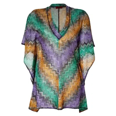 Pre-owned Missoni New  Signature Chevron Zigzag Metallic Kaftan Tunic Dress Coverup 38 In Gray