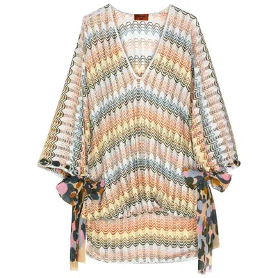 Pre-owned Missoni New Multicolor  Silver Metallic Crochet Knit Kaftan Tunic Mini Dress 42 In Sand