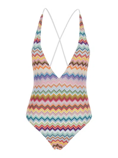 Missoni Multicolor One-piece Swimsuit With V-neck And All-over Zig-zag Motif In Stretch Viscose Blend Woman