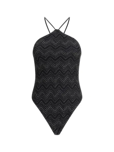 Missoni Einteiliger Badeanzug Aus Viskose Aus Zick-zack-lamé Mit V-ausschnitt In Black,lamé