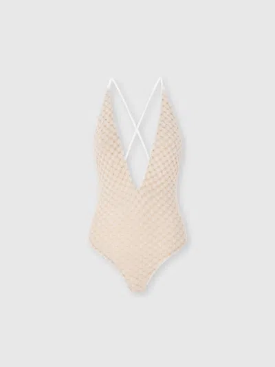 Missoni One-piece Swimsuit In Lamé Viscose With Raschel Workmanship In Neutral