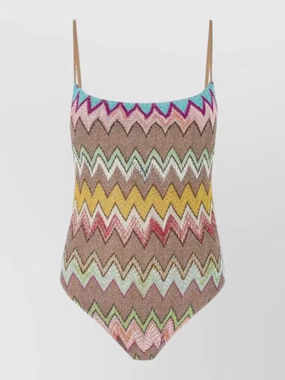 Missoni One-piece Swimsuit With Zigzag Pattern In Brown