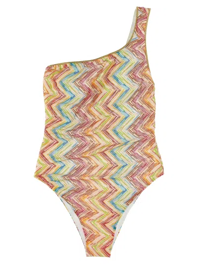 Missoni One-shoulder One-piece Swimsuit In Printed Tulle In Multi
