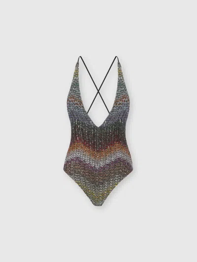 Missoni One-piece V-neck Swimsuit In A Greek-style Zigzag Knit With Sequins In Multi